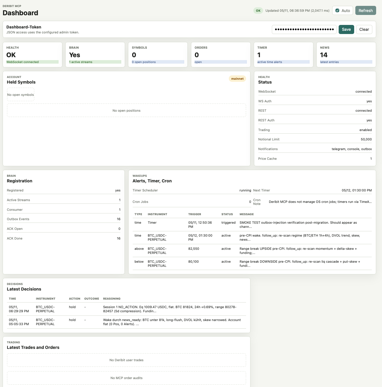 Deribit MCP browser dashboard with health, alerts, decisions, and outbox state