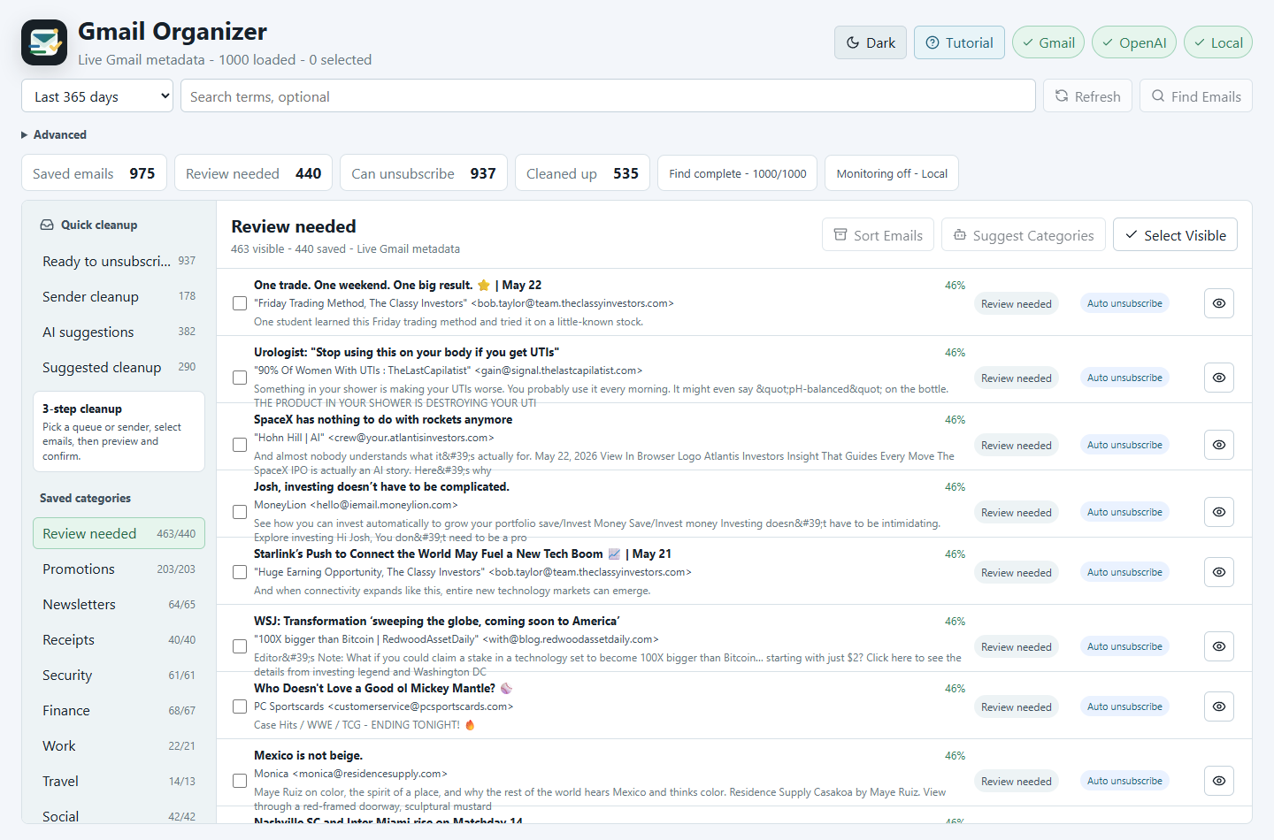 Gmail Organizer dashboard