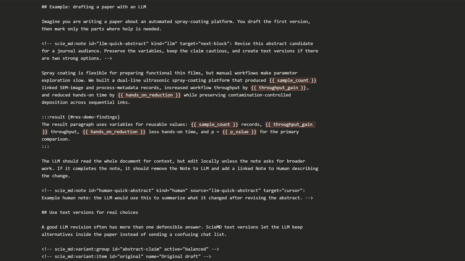 ScieMD source mode for LLM-readable Markdown