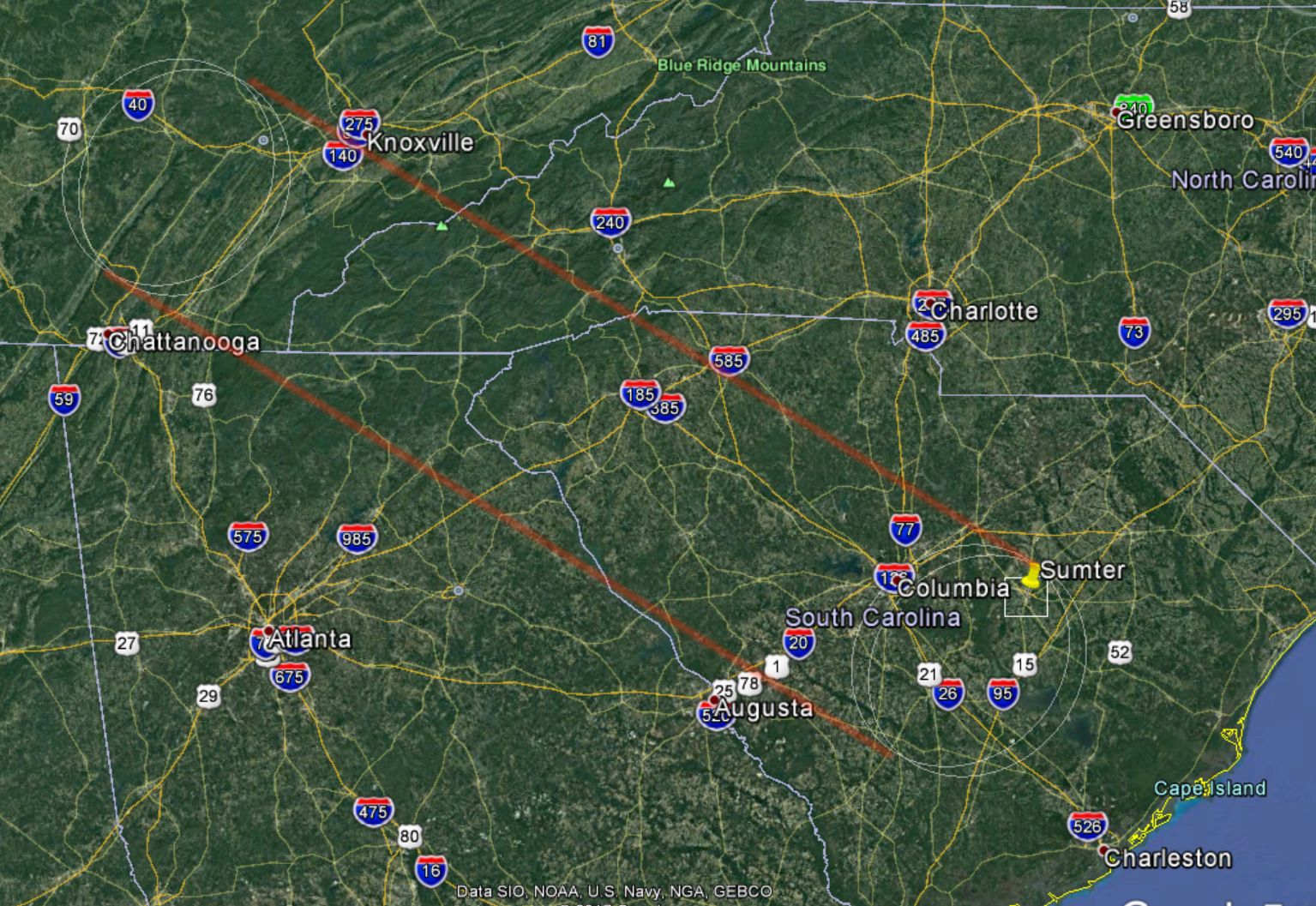 Solar eclipse path SE US Aug 2017