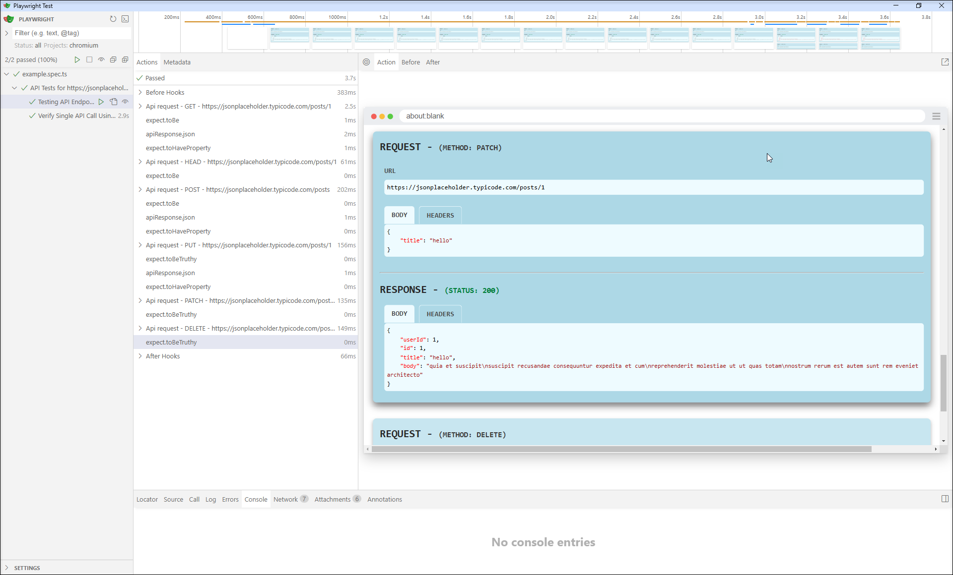 Overview and details of API requests and responses presented in the Playwright UI