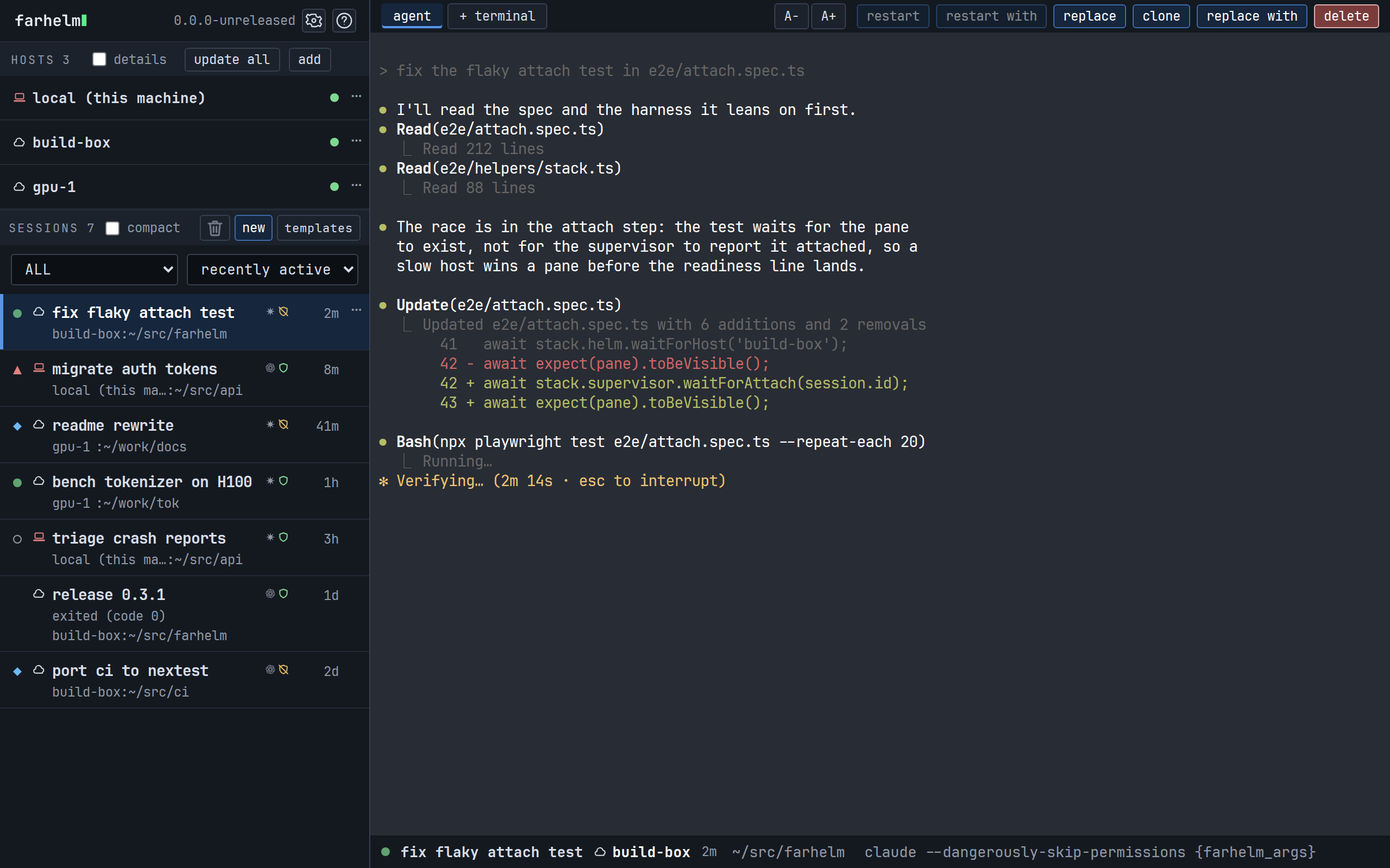 Farhelm supervising seven agent sessions across three hosts, with one session's Claude Code terminal open