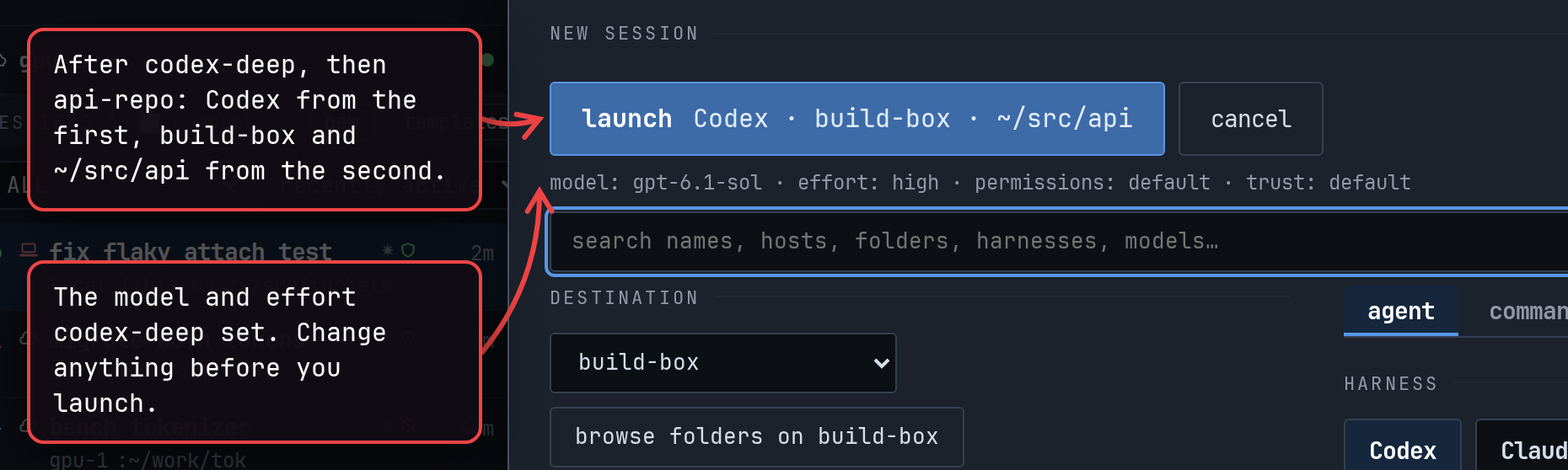 The launcher after applying codex-deep and then api-repo, launching Codex on build-box in ~/src/api.