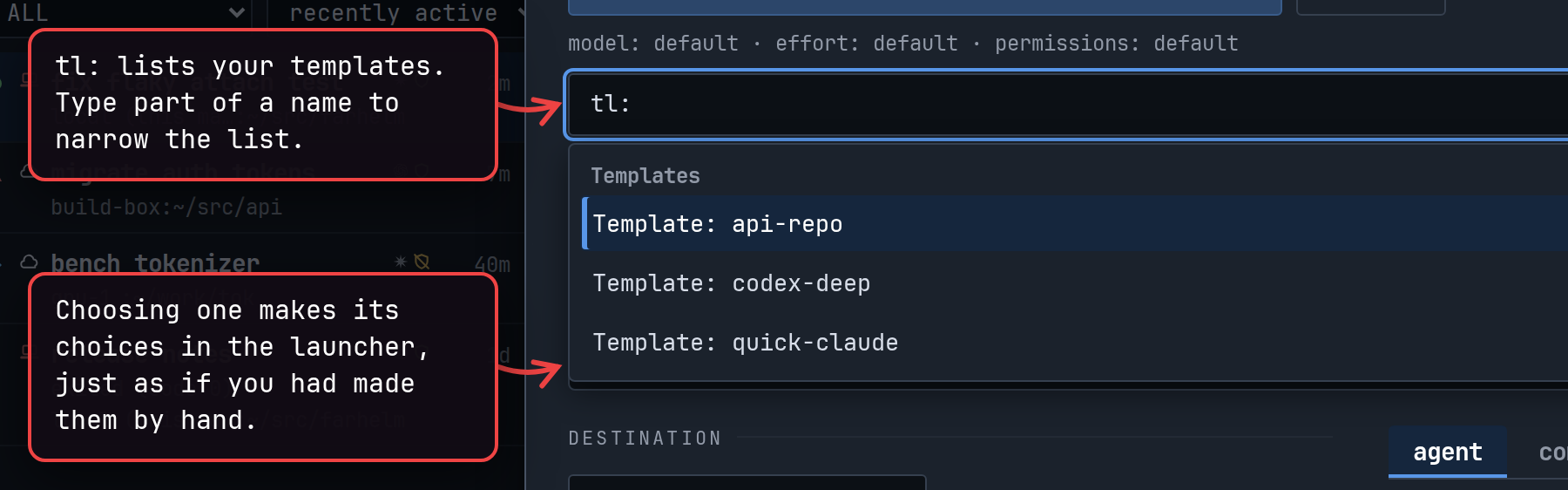 The launcher's search box with tl: typed, listing the three templates.
