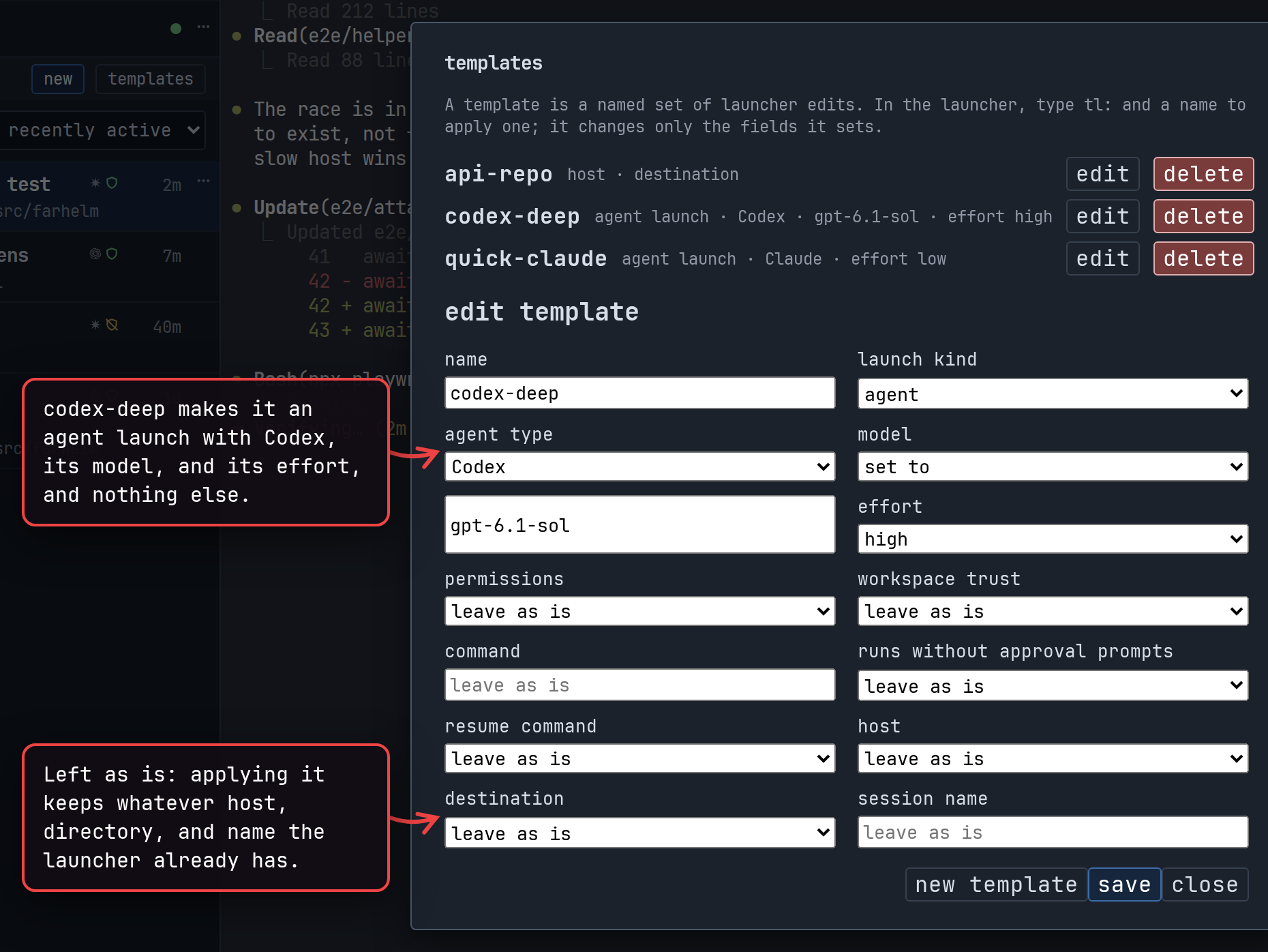 codex-deep open for editing: an agent launch with Codex, model gpt-6.1-sol, effort high, the rest left as is.