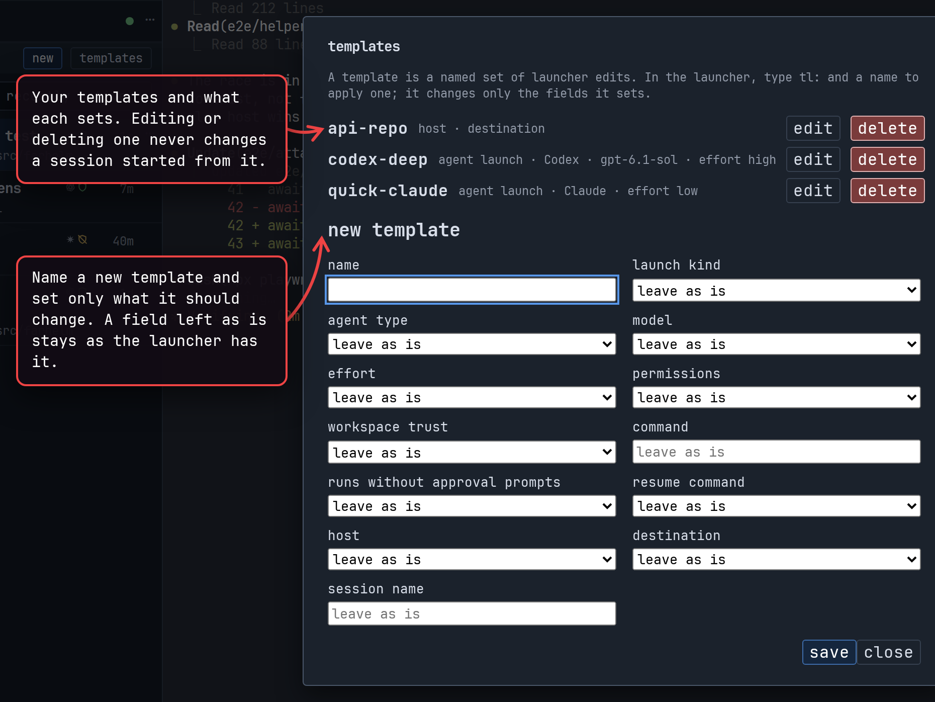 The templates panel: the list of templates with what each sets, and the empty new template form.