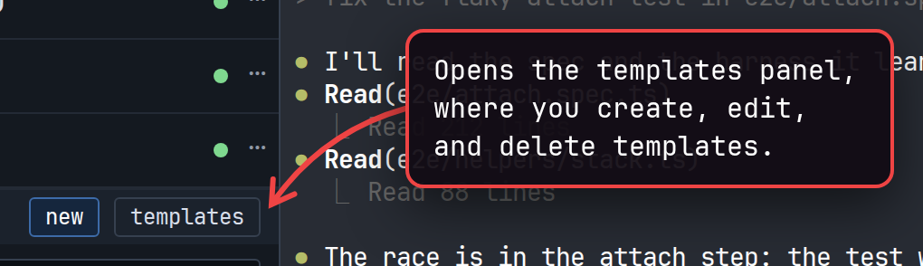 The templates button beside new above the session list, which opens the templates panel.