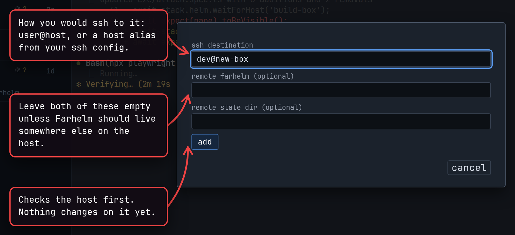 The add host dialog with dev@new-box typed as the ssh destination, and its fields explained.