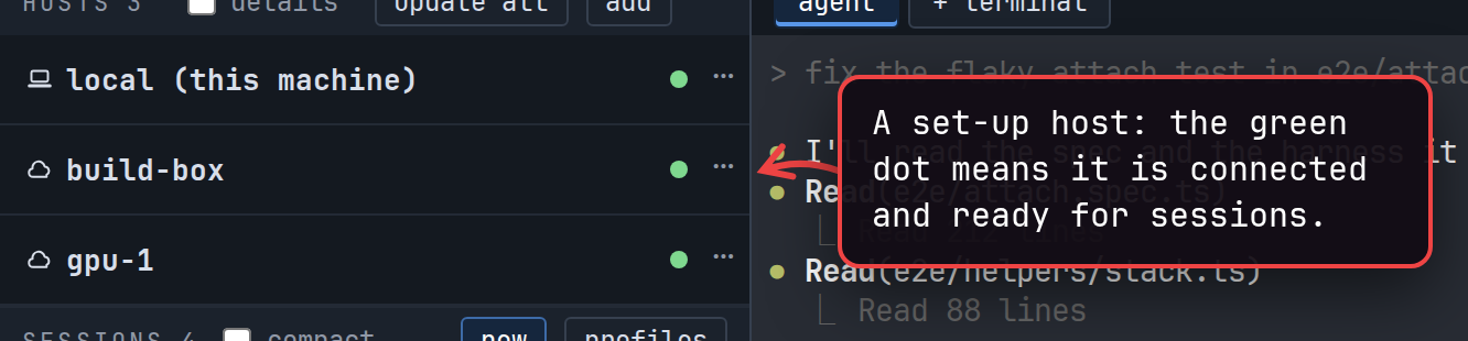 A remote host in the host list with its green connected dot explained.