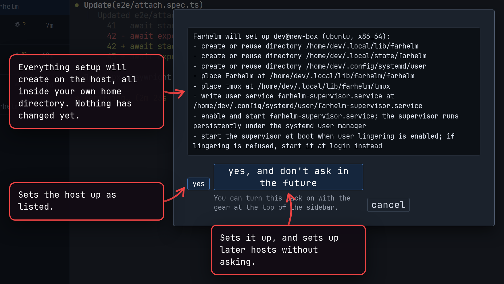 What setup will create on the host, with its yes and yes, and don't ask in the future buttons explained.