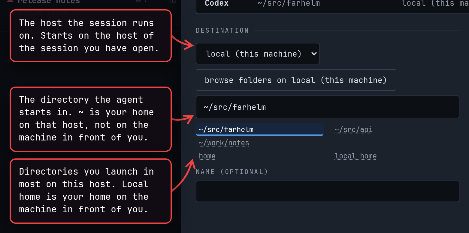 The launcher's destination part: the host menu, the directory field, and recent directory links.
