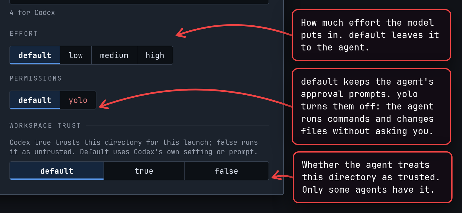 The effort, permissions, and workspace trust choices, each explained.