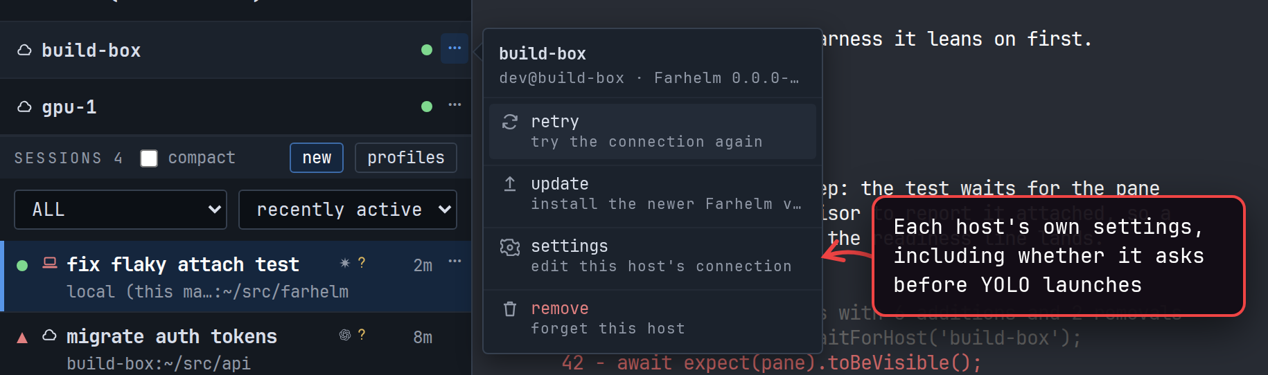 A host's menu in the host list, with its settings item marked.