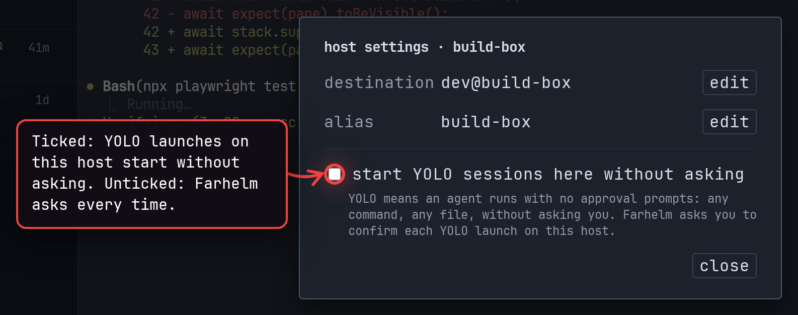 A host's settings dialog with the start YOLO sessions here without asking checkbox explained.