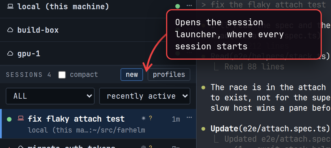 The new button above the session list, which opens the session launcher.
