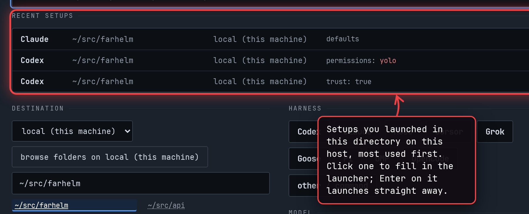 The recent setups list under the launcher's search box, showing three setups for the chosen directory.