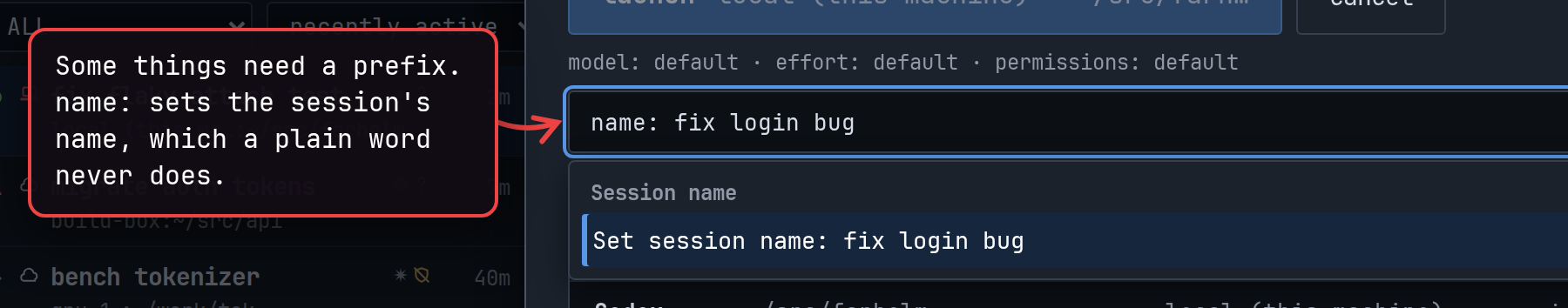 The search box with name: fix login bug typed, offering to set that as the session's name.