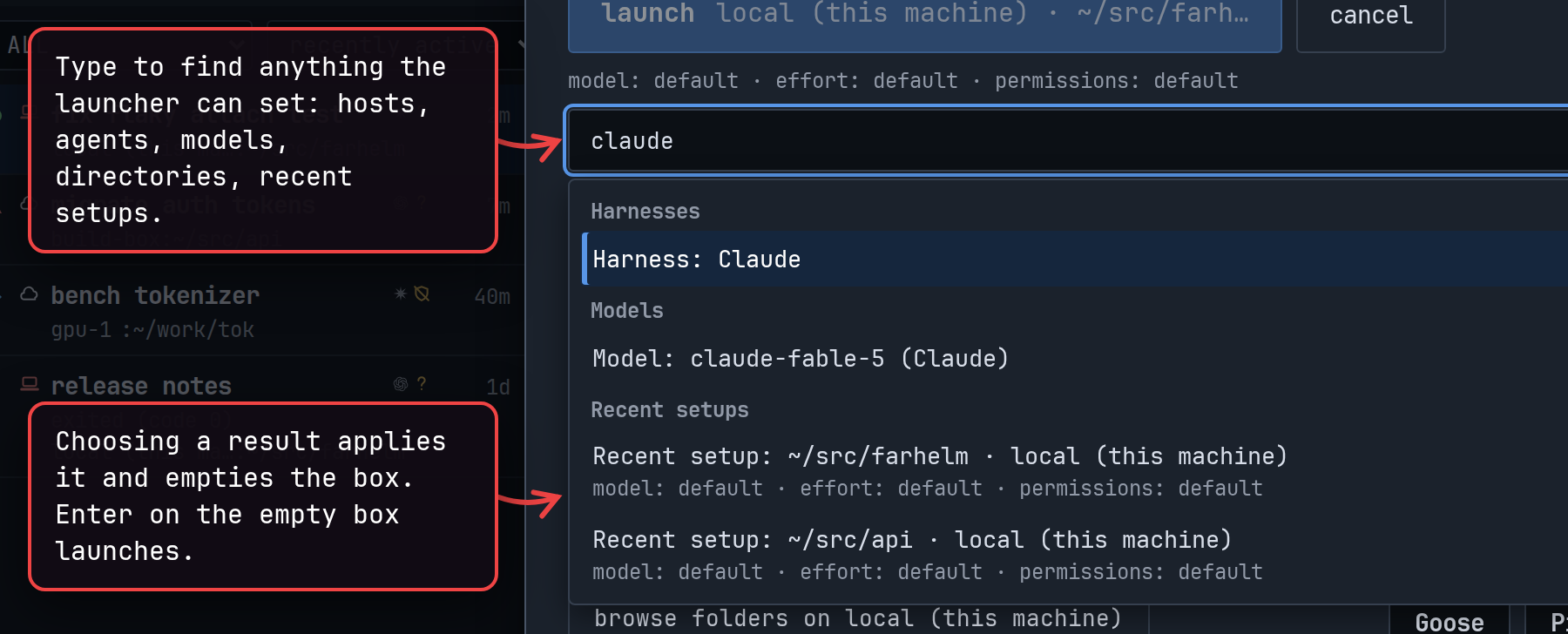 The launcher's search box with claude typed, listing matching agents, models, and setups.