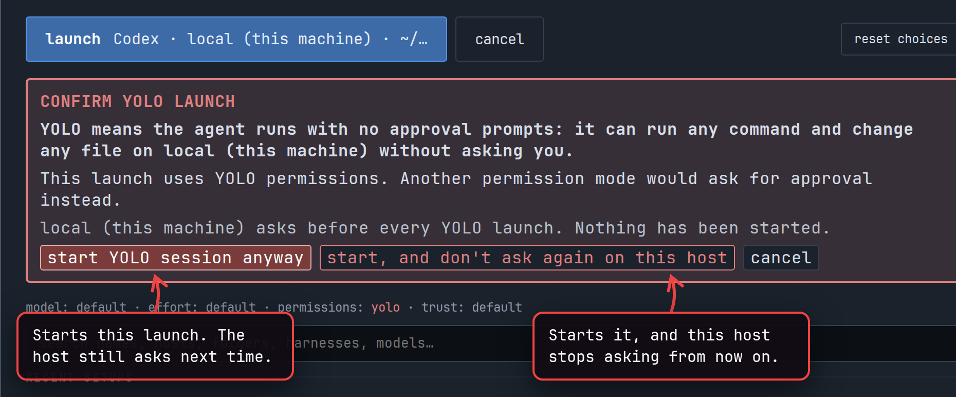The YOLO confirmation, with its two start buttons explained.