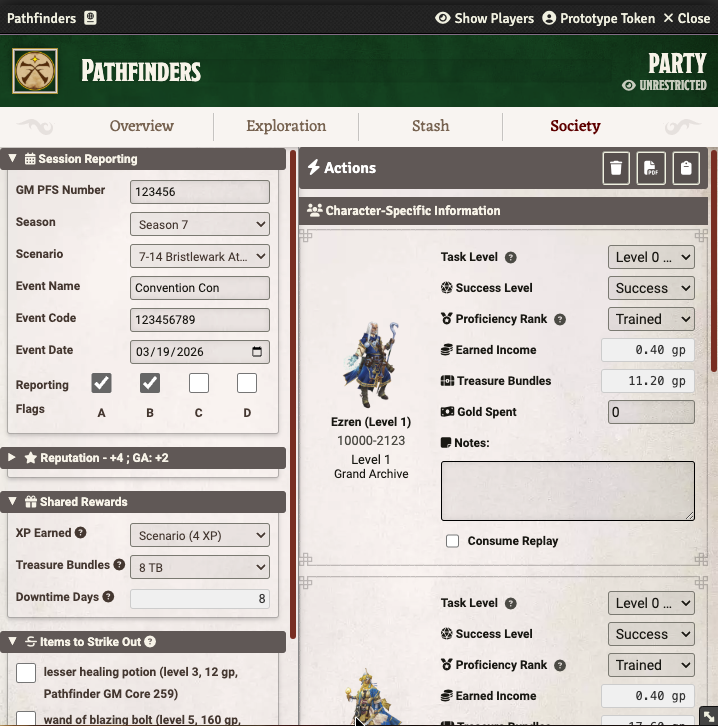 Party Sheet Society Tab