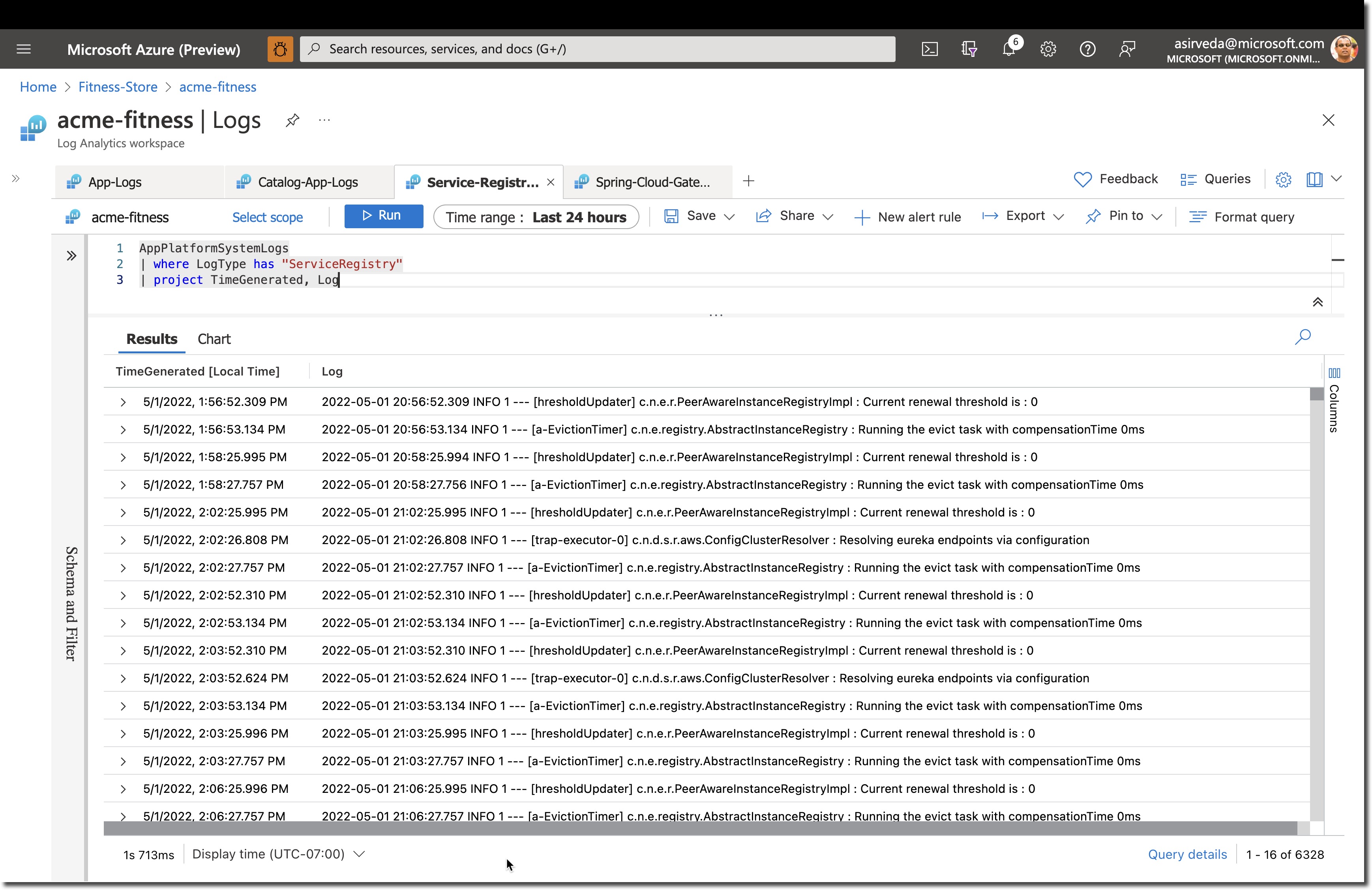 An example output from service registry logs