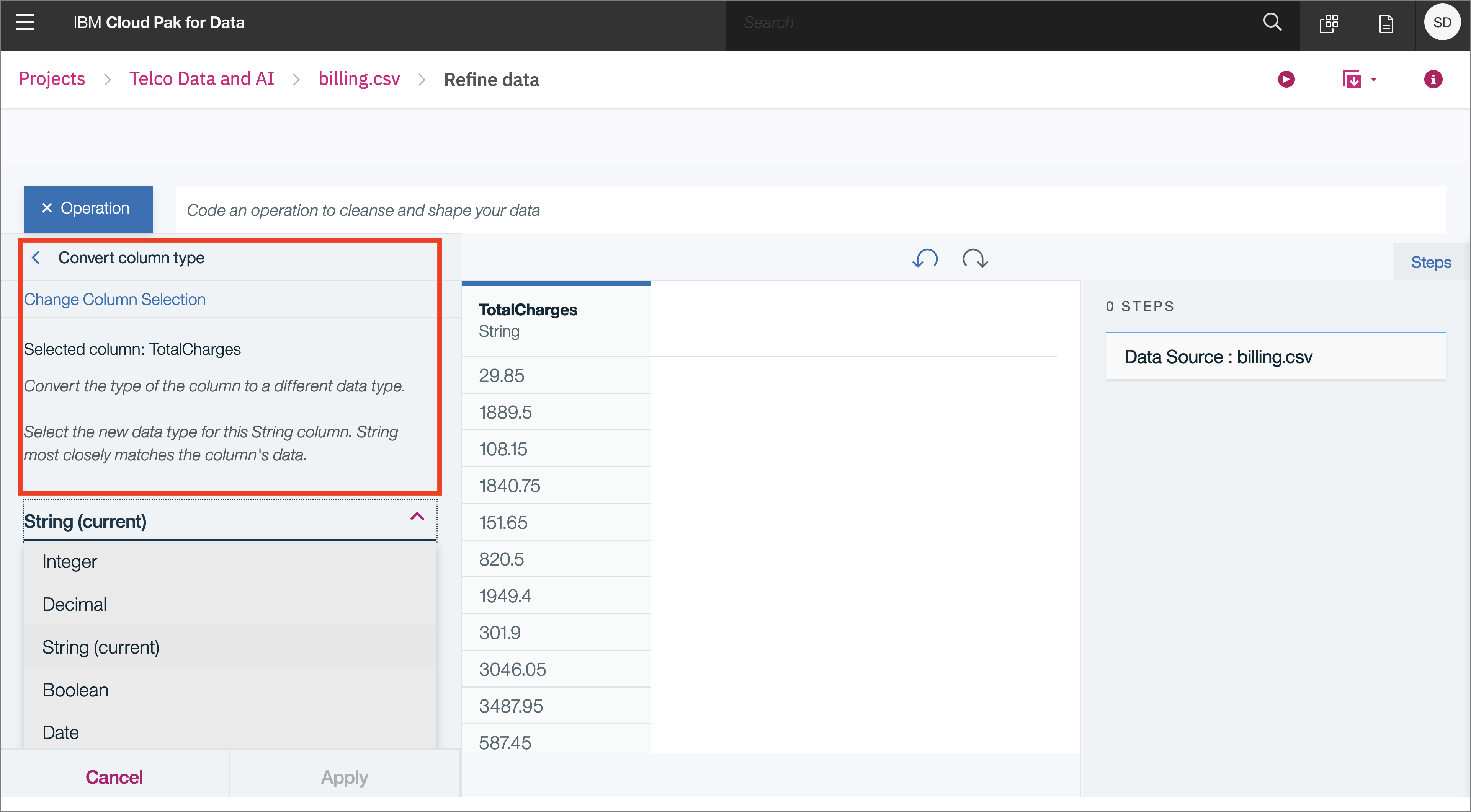 Choose Convert Column Type