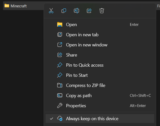 Screenshot of folder context menu with "Always keep on this device" selected