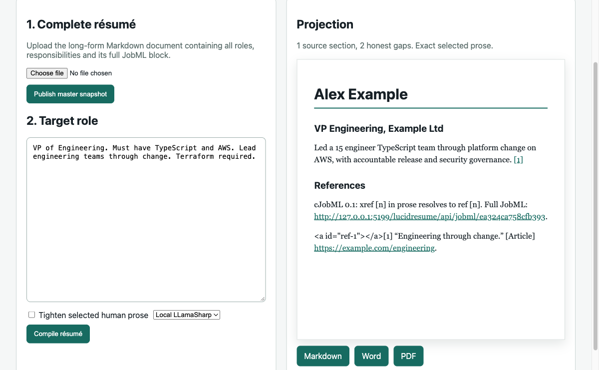 JobML web compiler rendering an evidence-linked projection