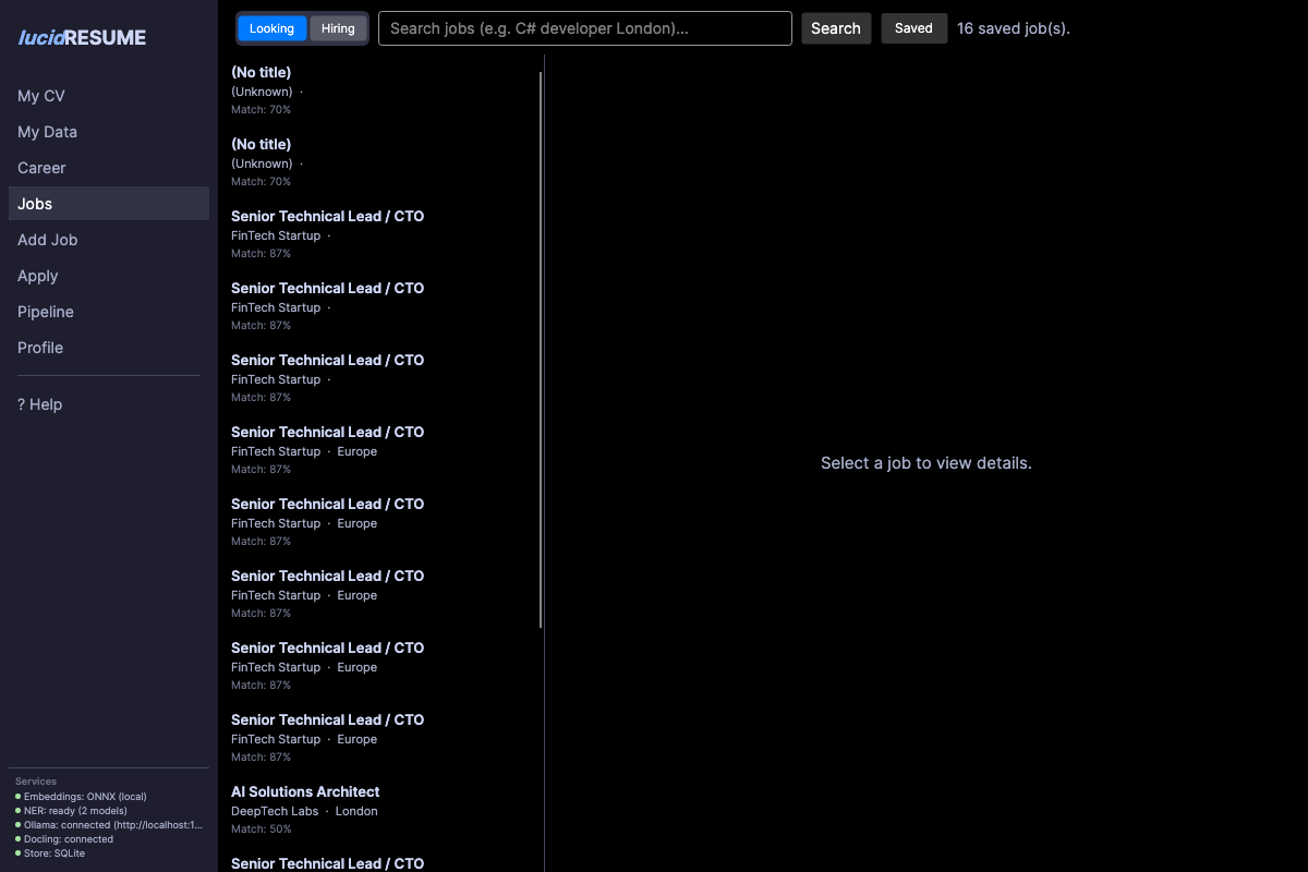 Jobs page with Looking/Hiring toggle