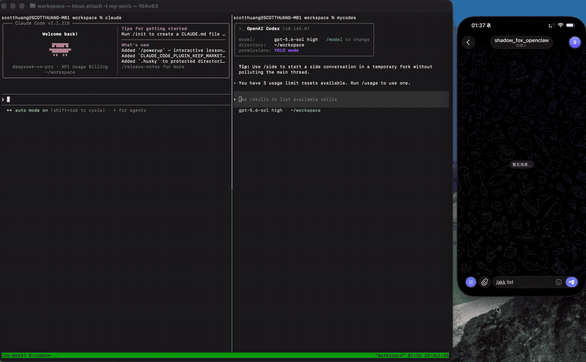 AKK orchestrating a Claude Code-to-Codex handoff through tmux