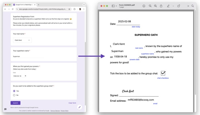 A side-by-side image showing a filled Google Form on the left and the generated, filled-up form on the right with matching form details.