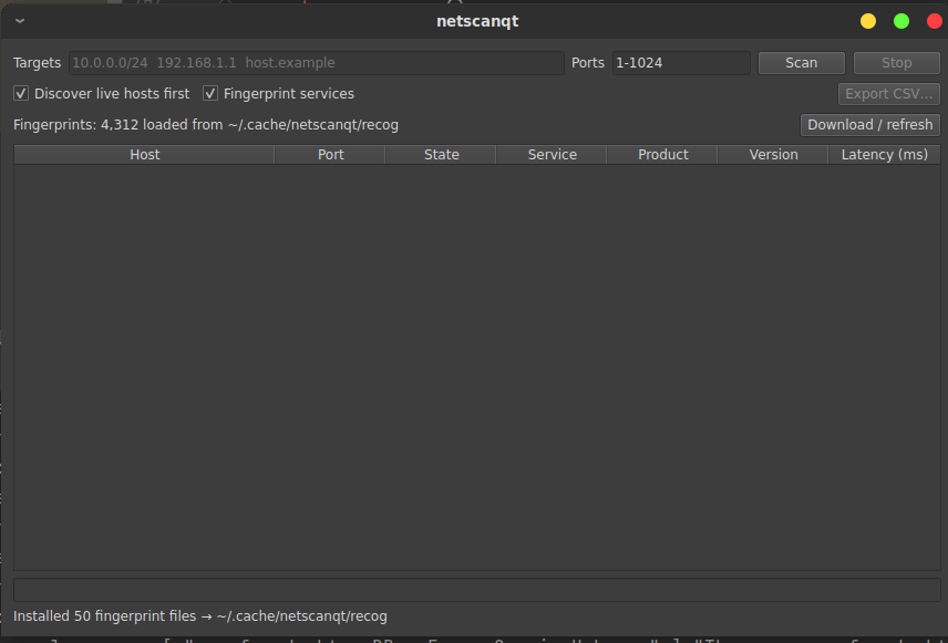 netscanqt GUI corpus panel: inspect the loaded fingerprint count and download or refresh the Recog database