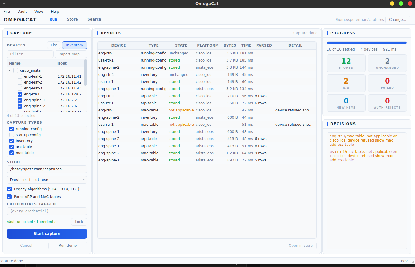 Config and show-output archive with version history and parsed ARP/MAC records.