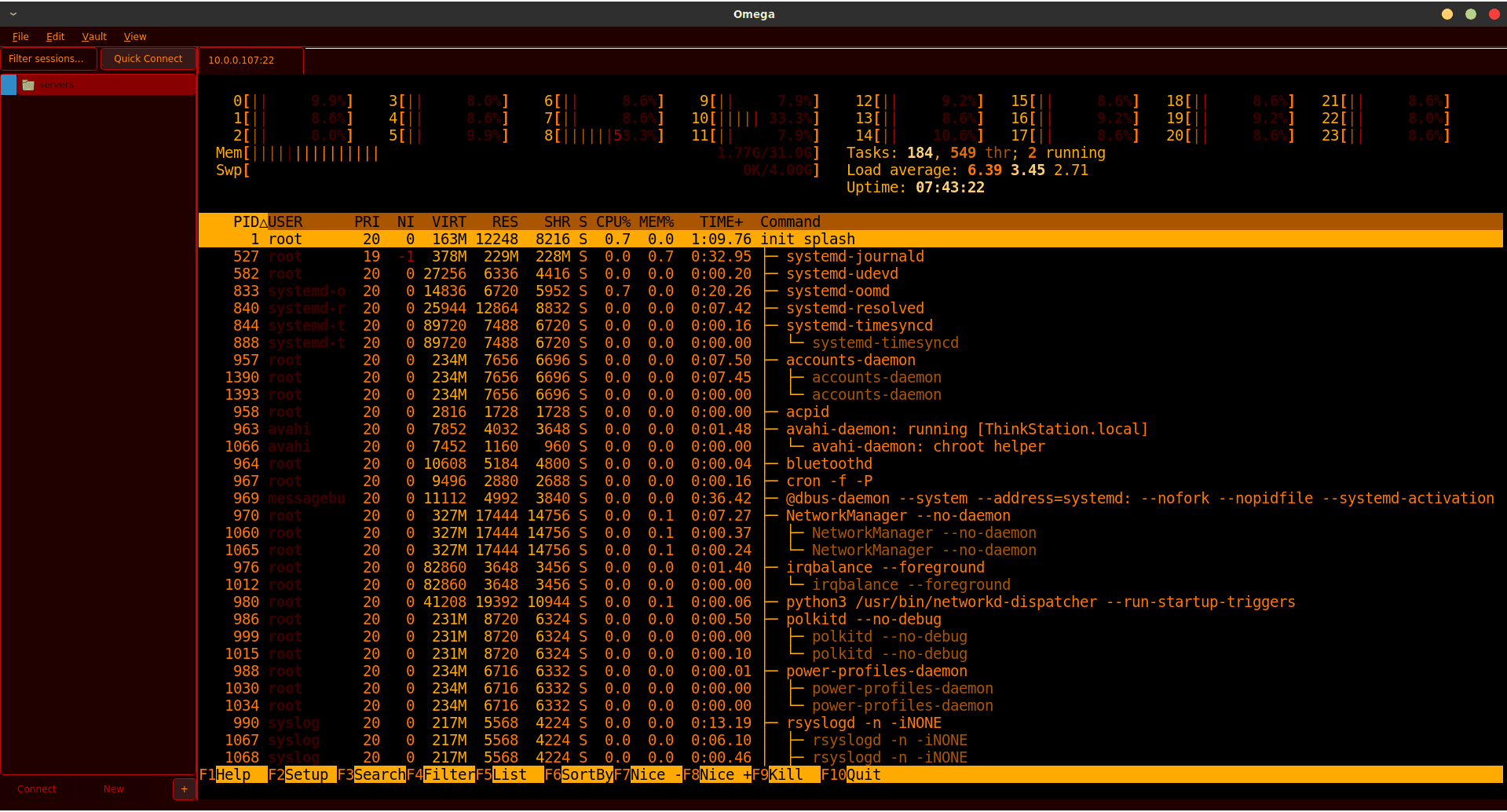 Tabbed SSH sessions, session tree and credential vault in the native Qt terminal.
