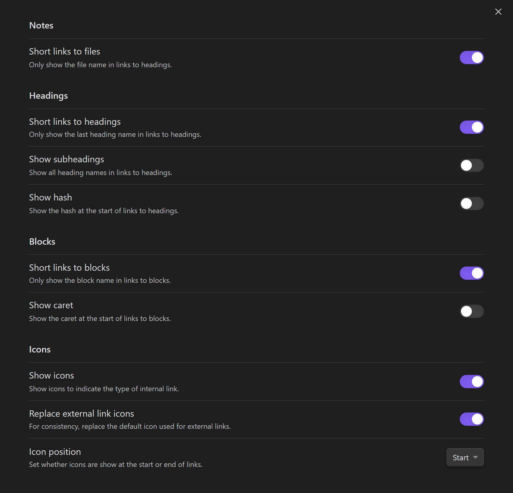 Screenshot of settings