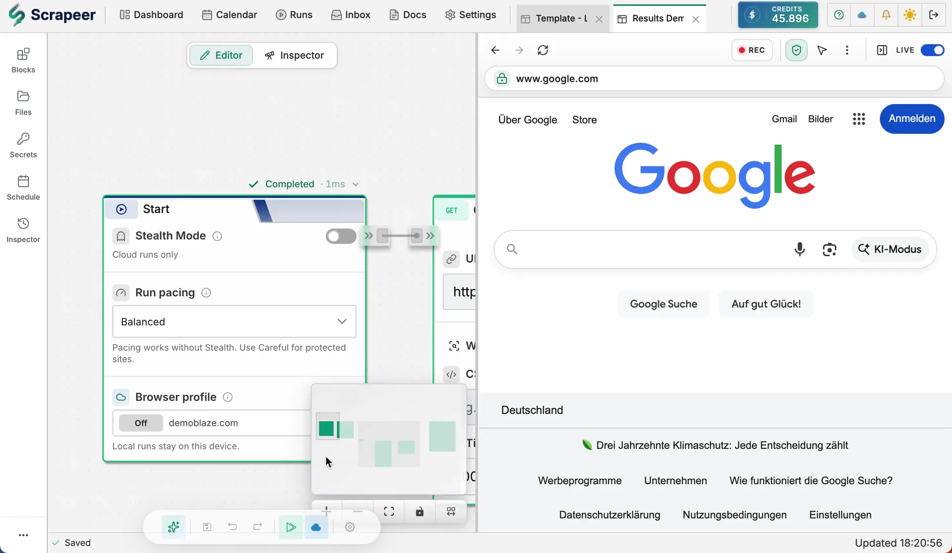 Scrapeer visual flow editor with live browser execution