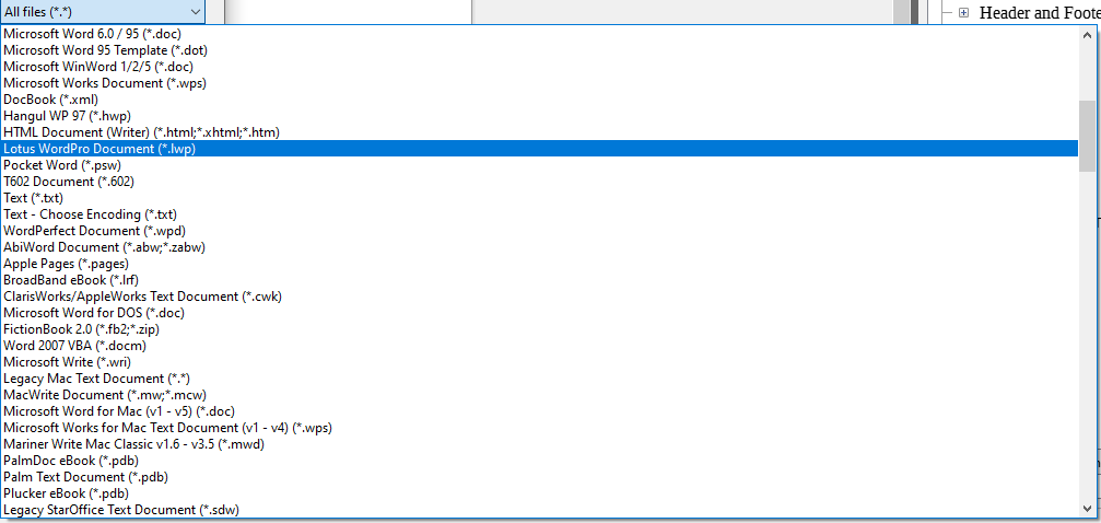 A snapshot that can't even capture the full spectrum of the list of supported word processing formats in LibreOffice