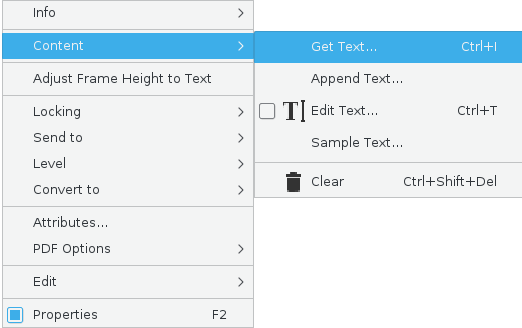Text frame Context menu