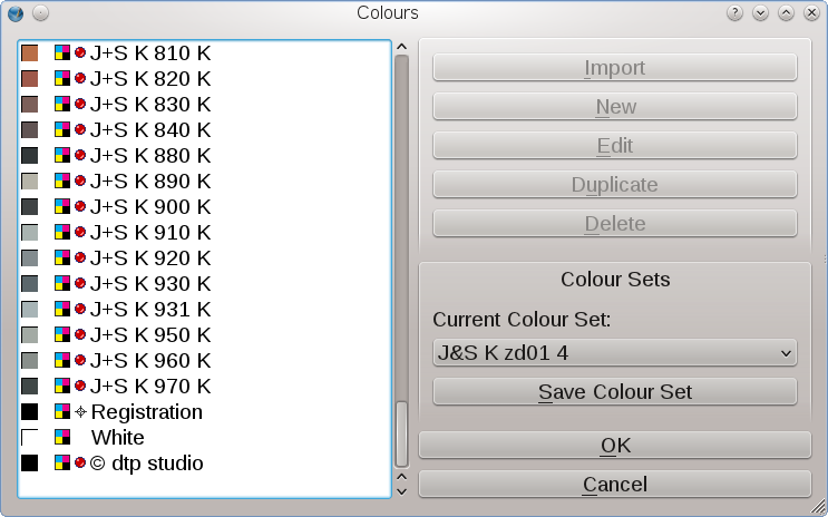 The HKS K equivalent J+S K for newspaper print from dtp studio in the Scribus Color Manager