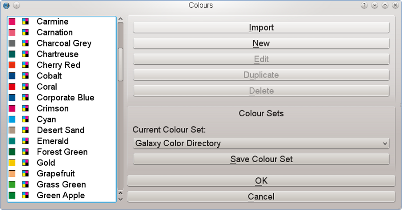 The Galaxy Color Directory palette in Scribus