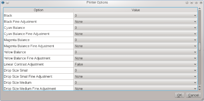 Printer options as provided by CUPS
