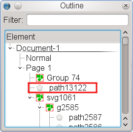 The item &ldquo;path13122&rdquo; has been detached from the group &ldquo;svg1061&rdquo;, an imported SVG file.