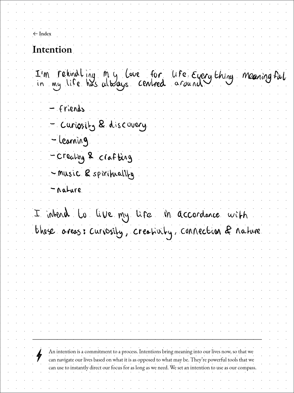 An intention-setting page from a bullet journal, talking about friends, curiosity, creativity and nature