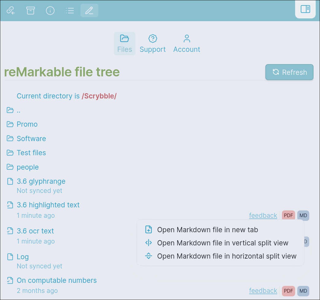 The reMarkable filetree with several folders and files shown, also showing a context menu where you can open the synced PDF or Markdown file