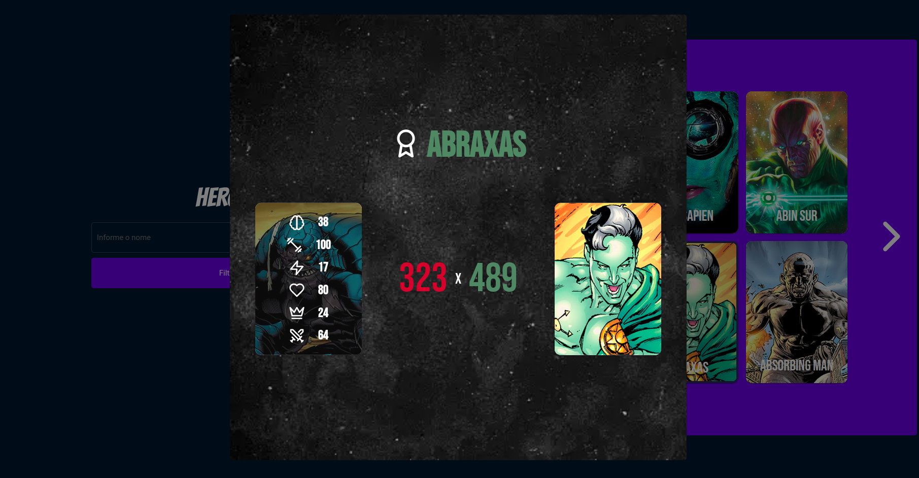 Modal com o duelo dos heróis e com hover no card