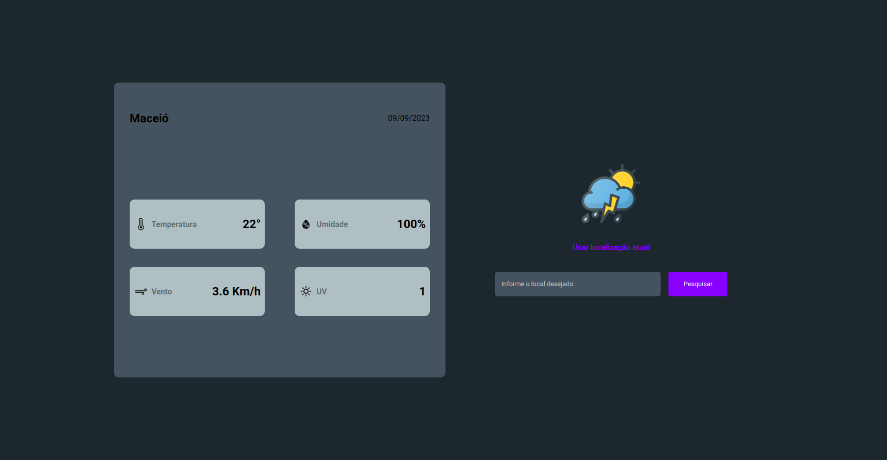 Página com os detalhes e informações climáticas.