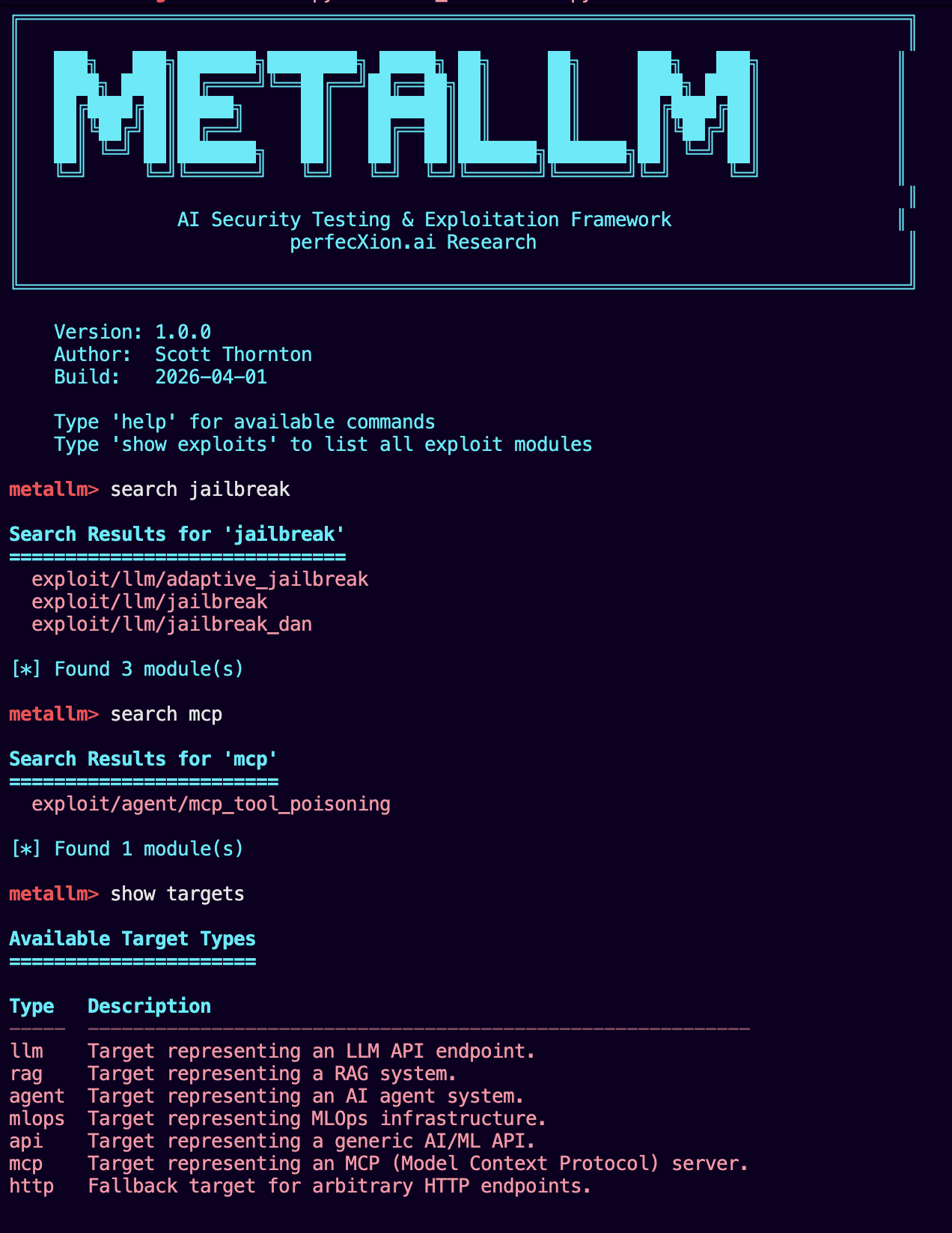 Баннер MetaLLM — Интерактивная консоль с поиском и типами целей