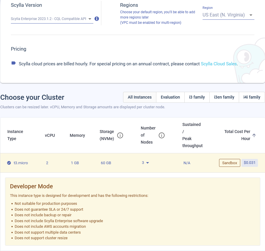 Scylla Cloud panel with options related to Cluster Creation