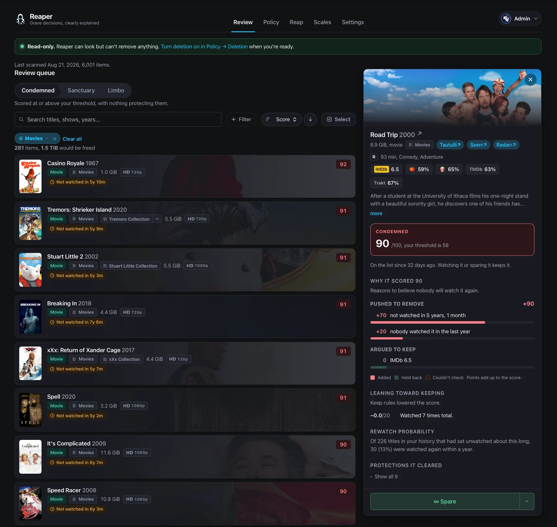 Reaper's review queue: scored titles on the left, each showing how long it has gone
unwatched, and a panel on the right breaking down why one of them scored
90