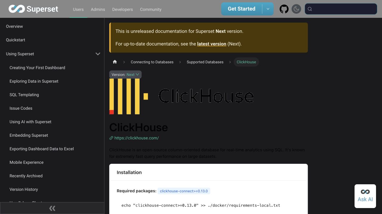 Previous ClickHouse guide in dark mode